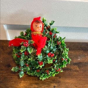 Vintage made in Hong Kong elf, hugging knees w Green Wreath with Bird and bell
